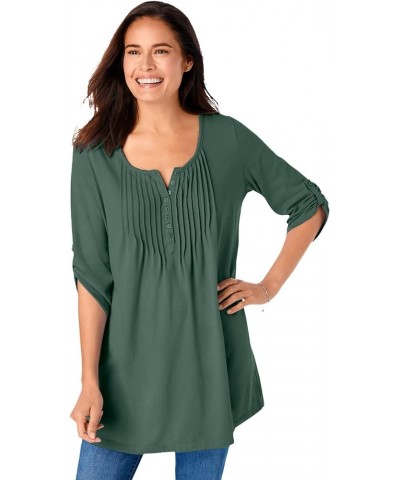 Women's Plus Size 7-Day Three-Quarter Sleeve Pintucked Henley Tunic Pine $13.17 Others