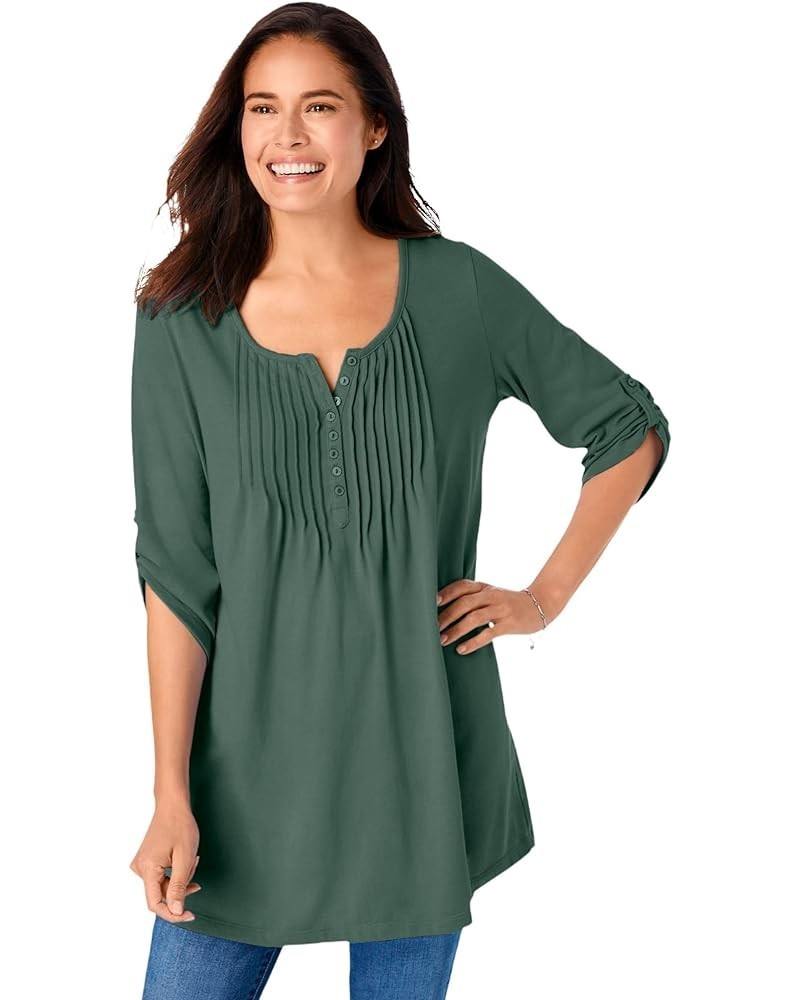 Women's Plus Size 7-Day Three-Quarter Sleeve Pintucked Henley Tunic Pine $13.17 Others