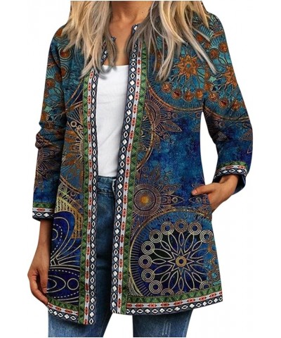 Womens Novelty Print Cardigan Jacket Vintage Ethnic Graphic Casual Lapel Long Sleeve Blue $11.13 Jackets