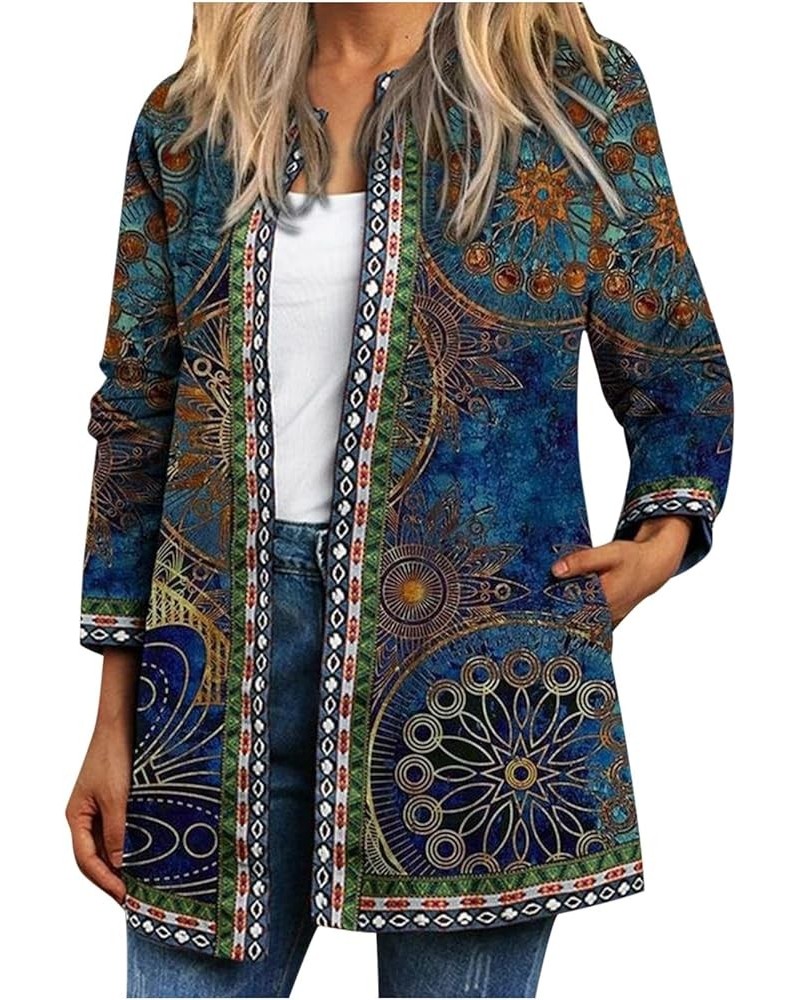 Womens Novelty Print Cardigan Jacket Vintage Ethnic Graphic Casual Lapel Long Sleeve Blue $11.13 Jackets