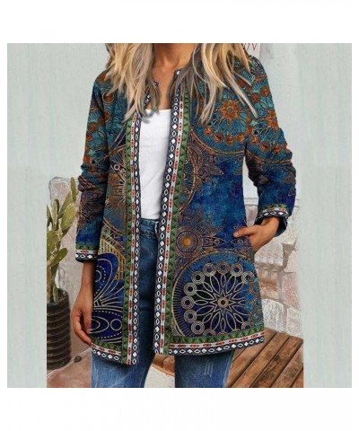 Womens Novelty Print Cardigan Jacket Vintage Ethnic Graphic Casual Lapel Long Sleeve Blue $11.13 Jackets