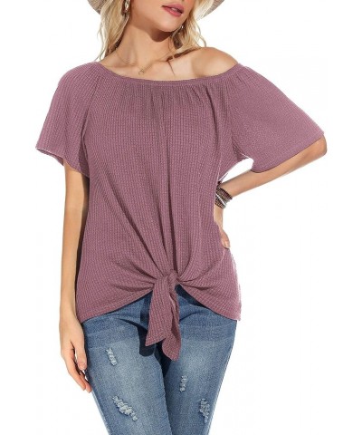 Womens Waffle Knit Off The Shoulder Tops Casual Short Sleeve Blouses Summer Tie Knot Loose T-Shirt Mauve Red $11.19 Blouses