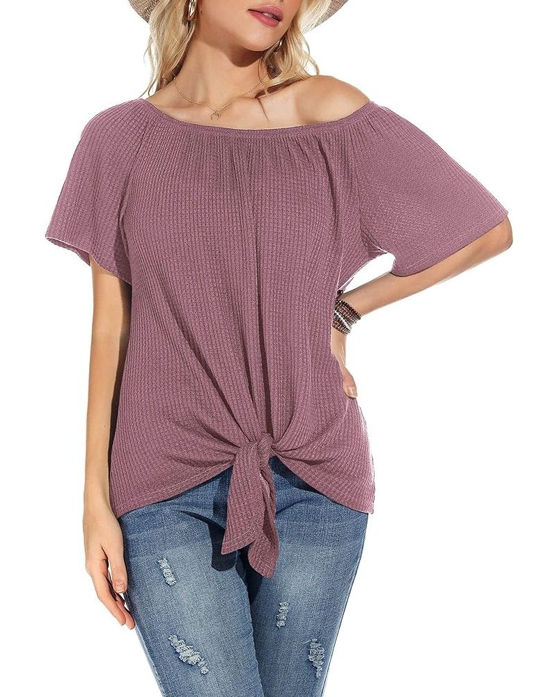 Womens Waffle Knit Off The Shoulder Tops Casual Short Sleeve Blouses Summer Tie Knot Loose T-Shirt Mauve Red $11.19 Blouses