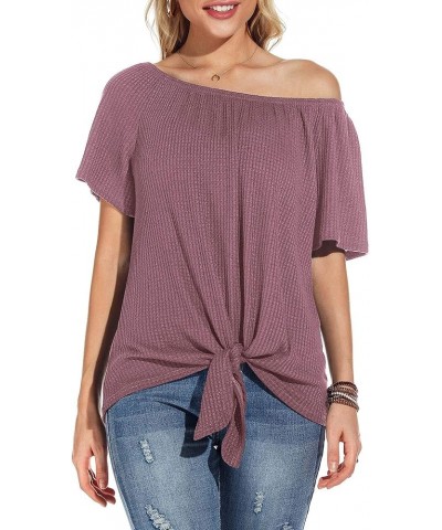 Womens Waffle Knit Off The Shoulder Tops Casual Short Sleeve Blouses Summer Tie Knot Loose T-Shirt Mauve Red $11.19 Blouses