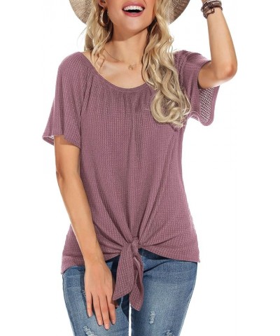 Womens Waffle Knit Off The Shoulder Tops Casual Short Sleeve Blouses Summer Tie Knot Loose T-Shirt Mauve Red $11.19 Blouses