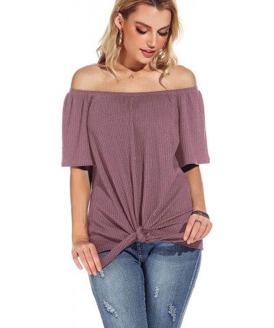 Womens Waffle Knit Off The Shoulder Tops Casual Short Sleeve Blouses Summer Tie Knot Loose T-Shirt Mauve Red $11.19 Blouses