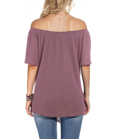 Womens Waffle Knit Off The Shoulder Tops Casual Short Sleeve Blouses Summer Tie Knot Loose T-Shirt Mauve Red $11.19 Blouses