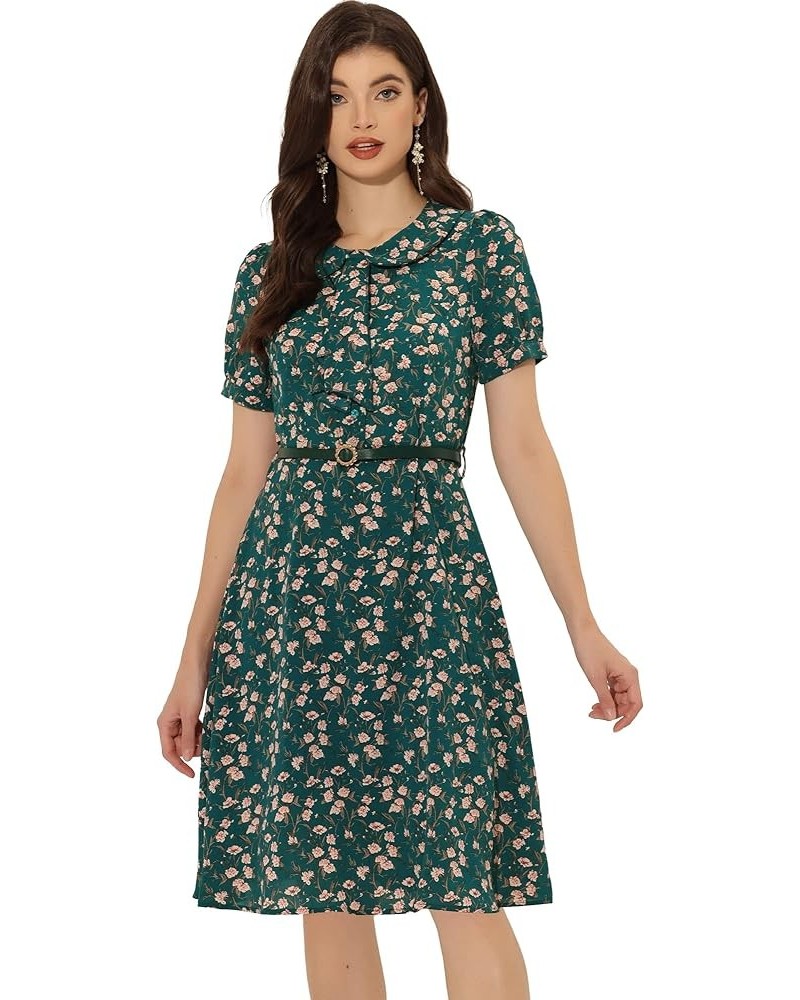 Women's Peter Pan Collar Tie Neck Short Sleeves A-Line Elegant Belted Vintage Floral Dress Dark Green $18.26 Dresses