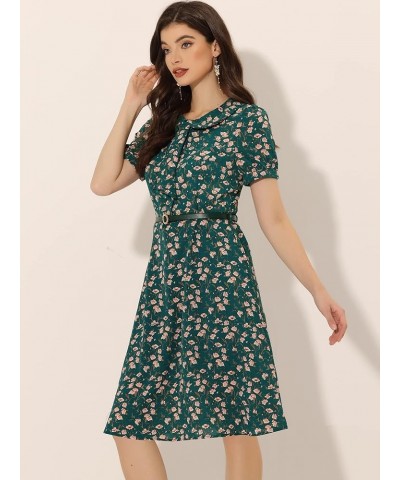 Women's Peter Pan Collar Tie Neck Short Sleeves A-Line Elegant Belted Vintage Floral Dress Dark Green $18.26 Dresses