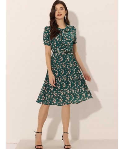 Women's Peter Pan Collar Tie Neck Short Sleeves A-Line Elegant Belted Vintage Floral Dress Dark Green $18.26 Dresses