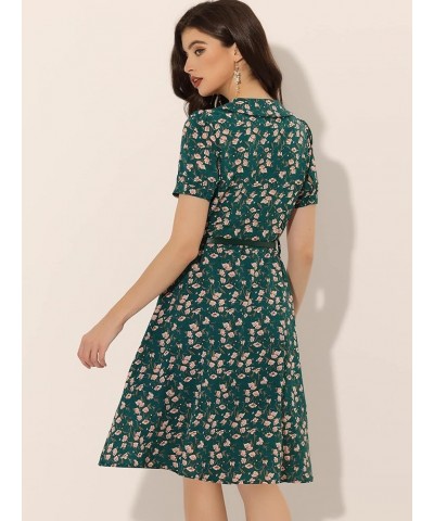 Women's Peter Pan Collar Tie Neck Short Sleeves A-Line Elegant Belted Vintage Floral Dress Dark Green $18.26 Dresses