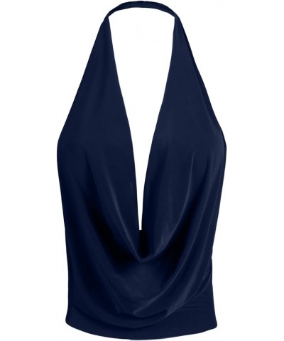 Women's Sexy Lightweight Deep V Neck Low Cut Halter Top & Dress Ykwt07_navy $10.00 Tanks