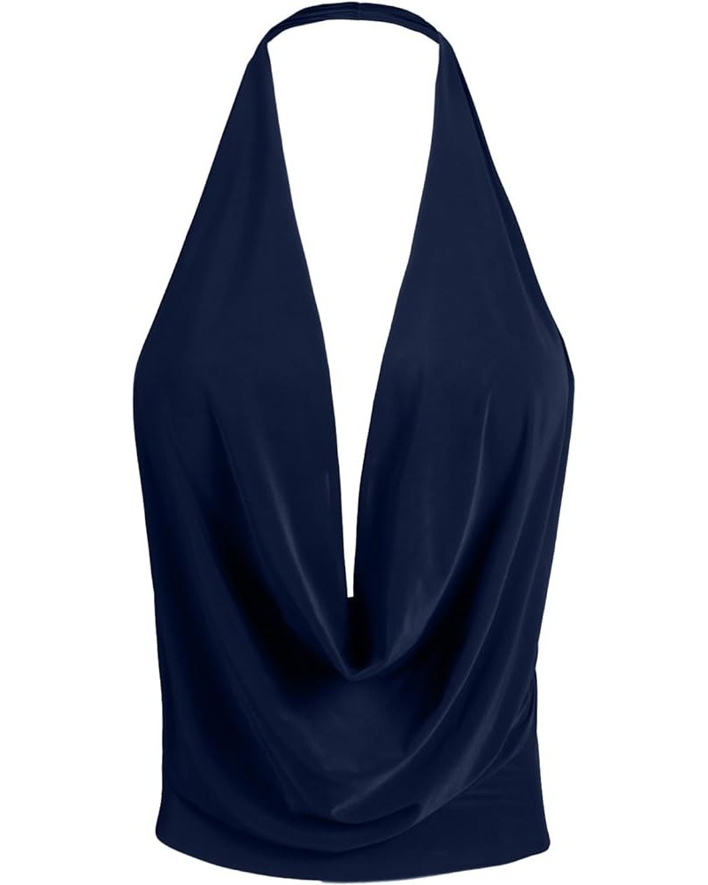 Women's Sexy Lightweight Deep V Neck Low Cut Halter Top & Dress Ykwt07_navy $10.00 Tanks