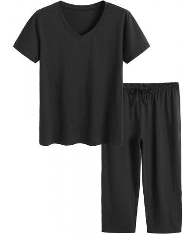 Women's Cotton Pajamas Set Tops and Capri Pants Sleepwear Black $18.00 Sleep & Lounge