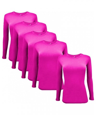 Women's Under Scrub Tee Crew Neck Long Sleeve T-Shirt-5-Pack Neon Pink $19.30 Tops