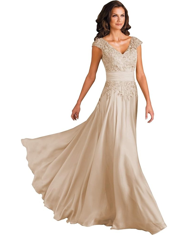 Women's V-Neck A-Line Lace Chiffon Mother of The Bride Dress Long Evening Gown YG097 Champagne $36.66 Dresses