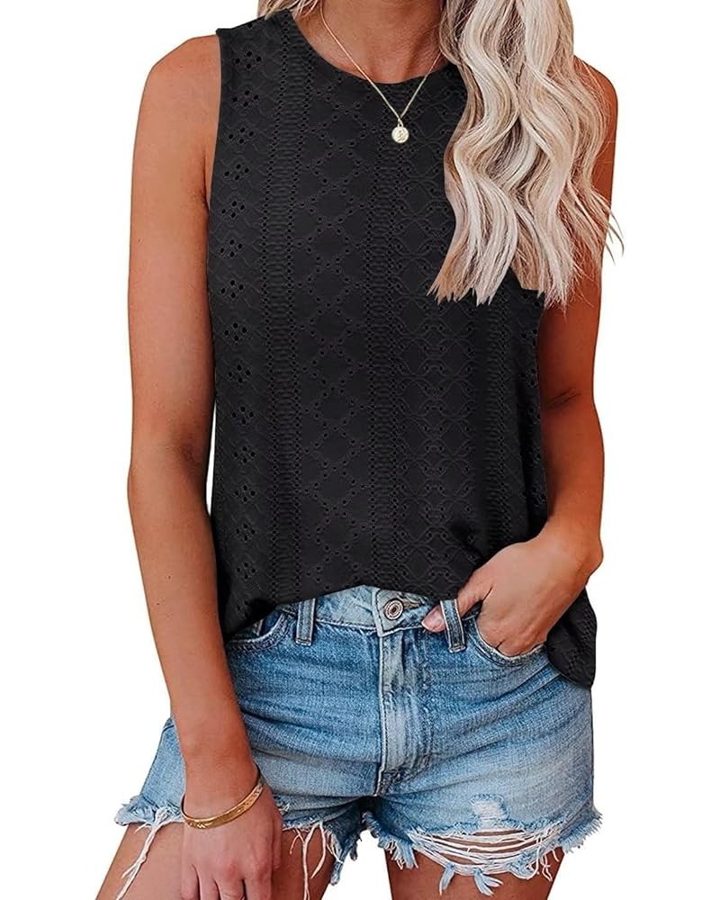 Womens Tank Tops Eyelet Embroidery Crewneck Sleeveless Going Out Casual Summer Basic Loose Shirts 2024 Fashion Clothes Black ...