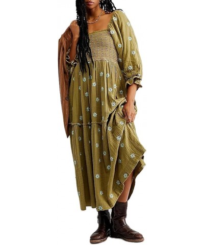 Womens Long Lantern Sleeve Flower Embroidered Maxi Dress Casual Square Neck Tiered Flowy Spring Long Dress Green $20.16 Dresses