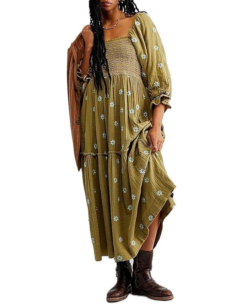 Womens Long Lantern Sleeve Flower Embroidered Maxi Dress Casual Square Neck Tiered Flowy Spring Long Dress Green $20.16 Dresses