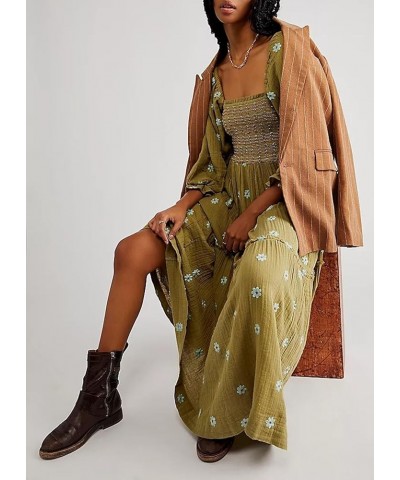 Womens Long Lantern Sleeve Flower Embroidered Maxi Dress Casual Square Neck Tiered Flowy Spring Long Dress Green $20.16 Dresses