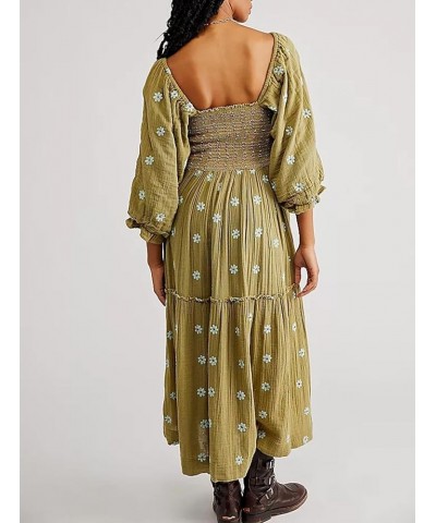 Womens Long Lantern Sleeve Flower Embroidered Maxi Dress Casual Square Neck Tiered Flowy Spring Long Dress Green $20.16 Dresses