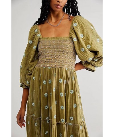 Womens Long Lantern Sleeve Flower Embroidered Maxi Dress Casual Square Neck Tiered Flowy Spring Long Dress Green $20.16 Dresses