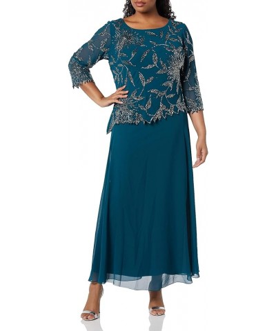 Women's Plus Size Scoop Neck Line with 3/4 Sleeve Beaded Top Long Dress Teal/Multi $23.85 Dresses