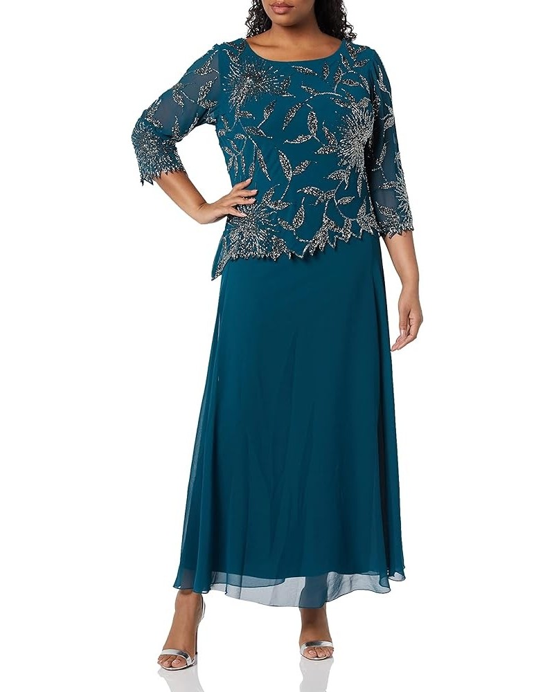 Women's Plus Size Scoop Neck Line with 3/4 Sleeve Beaded Top Long Dress Teal/Multi $23.85 Dresses