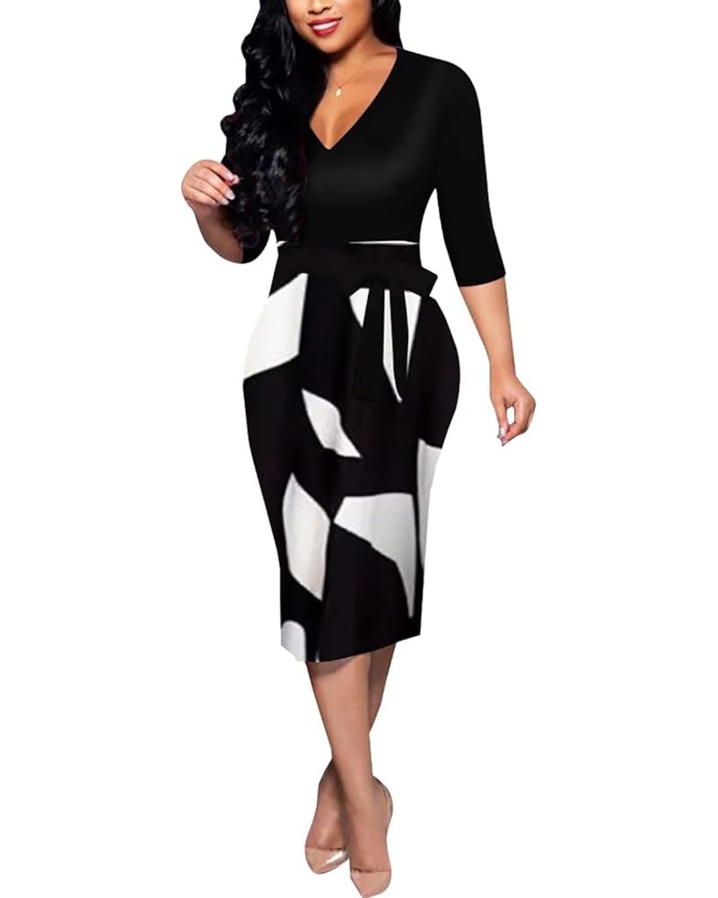 Women's Sexy 3/4 Sleeve Church Dress V Neck Floral Printed Work Pencil Midi Office Dresses Belted T-multicolor $16.56 Dresses