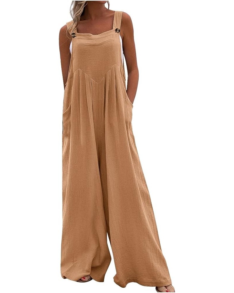 Summer Fashion Plus Size Womens Bib Overalls Baggy Pants Loose Fit Rompers Linen Floral Printed Casual Jumpsuits 39-camel $9....