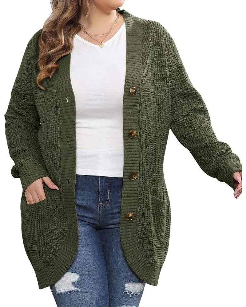 Women's Button Down Cardigans Plus Size Long Sleeve Open Front Knit Sweater Outerwear Army Green $22.54 Sweaters