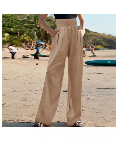 Linen Pants for Women 2024 Vacation Smocked High Waist Wide Leg Pants Loose Palazzo Lounge Pant Trousers with Pockets A03✿kha...