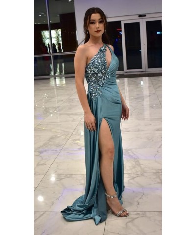 Sequin Applique Prom Dresses 2024 Sexy One Shoulder Mermaid High Slit Long Evening Gowns for Women Green $52.99 Dresses