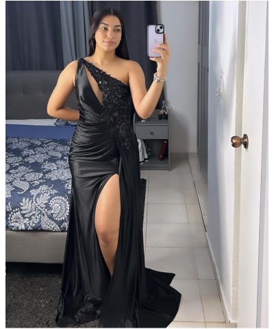 Sequin Applique Prom Dresses 2024 Sexy One Shoulder Mermaid High Slit Long Evening Gowns for Women Green $52.99 Dresses