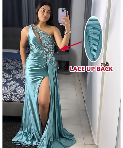 Sequin Applique Prom Dresses 2024 Sexy One Shoulder Mermaid High Slit Long Evening Gowns for Women Green $52.99 Dresses