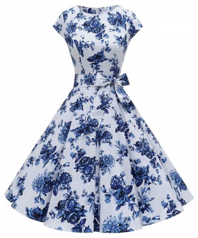 Women Vintage 1950s Retro Rockabilly Prom Dresses Cap-Sleeve 01-bluewhite $14.53 Dresses