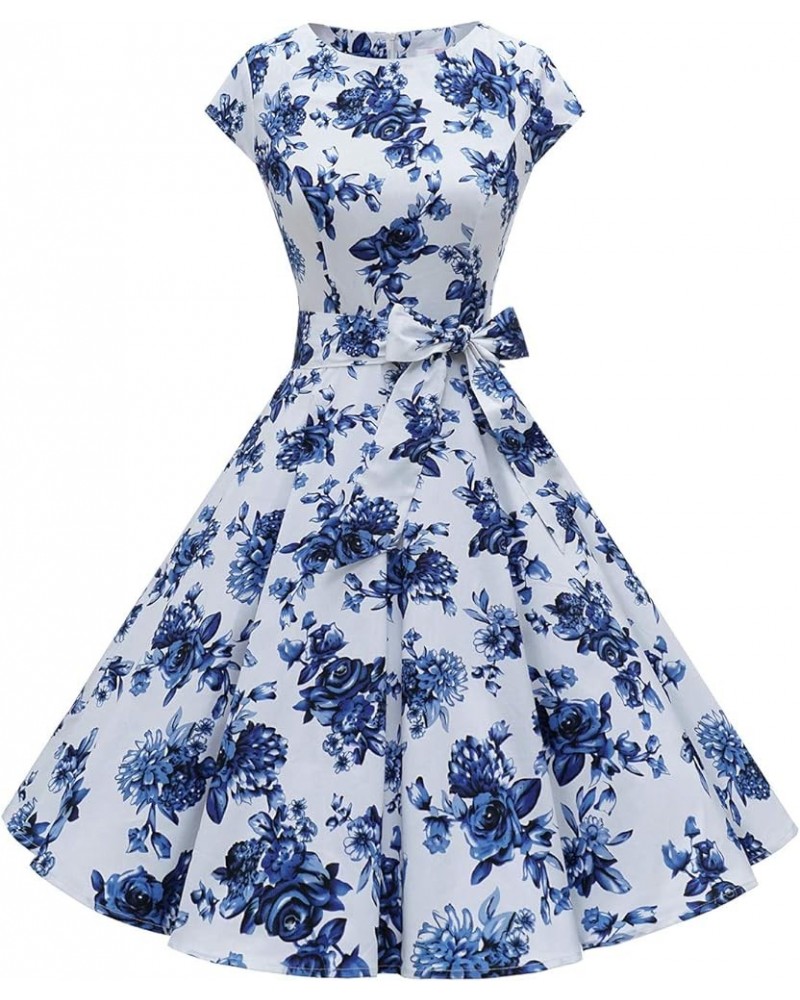 Women Vintage 1950s Retro Rockabilly Prom Dresses Cap-Sleeve 01-bluewhite $14.53 Dresses