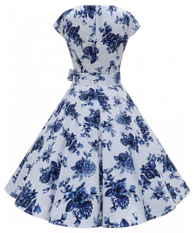 Women Vintage 1950s Retro Rockabilly Prom Dresses Cap-Sleeve 01-bluewhite $14.53 Dresses