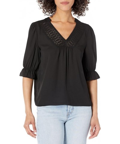 Women's V Neck 3/4 Sleeve Blouse with Pintuck Black $11.16 Blouses