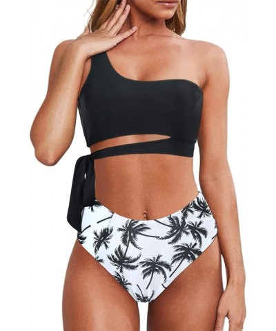 Women One Shoulder High Waisted Bikini Tie High Cut Two Piece Swimsuits Coconut Tree $13.92 Swimsuits