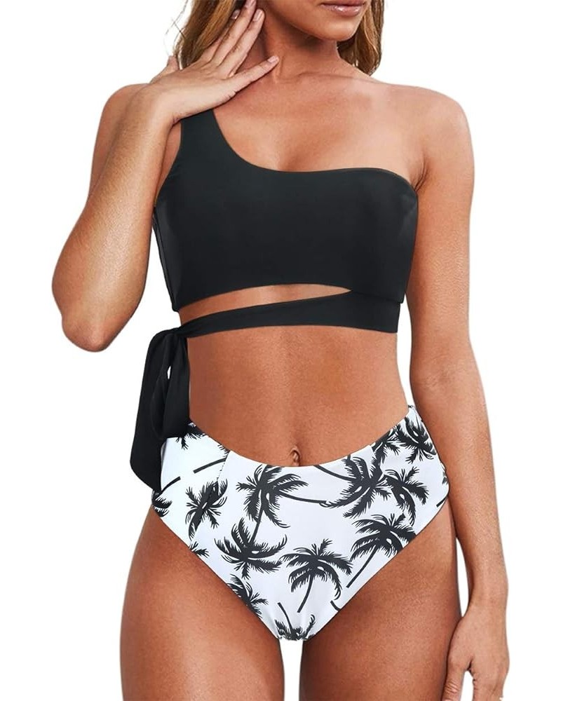 Women One Shoulder High Waisted Bikini Tie High Cut Two Piece Swimsuits Coconut Tree $13.92 Swimsuits