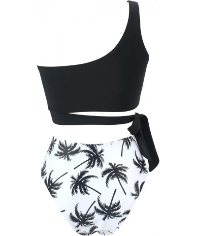 Women One Shoulder High Waisted Bikini Tie High Cut Two Piece Swimsuits Coconut Tree $13.92 Swimsuits