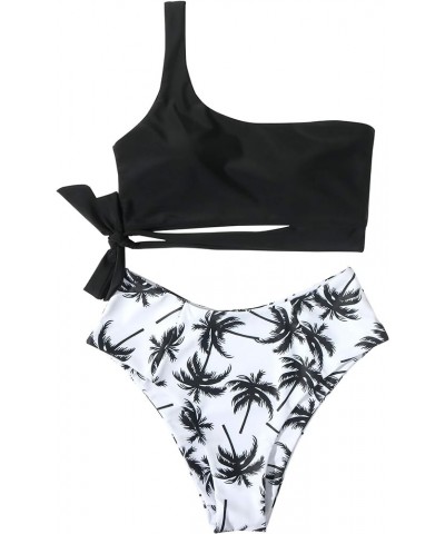 Women One Shoulder High Waisted Bikini Tie High Cut Two Piece Swimsuits Coconut Tree $13.92 Swimsuits