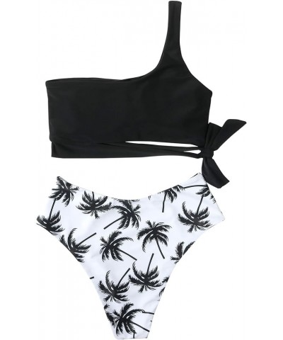 Women One Shoulder High Waisted Bikini Tie High Cut Two Piece Swimsuits Coconut Tree $13.92 Swimsuits