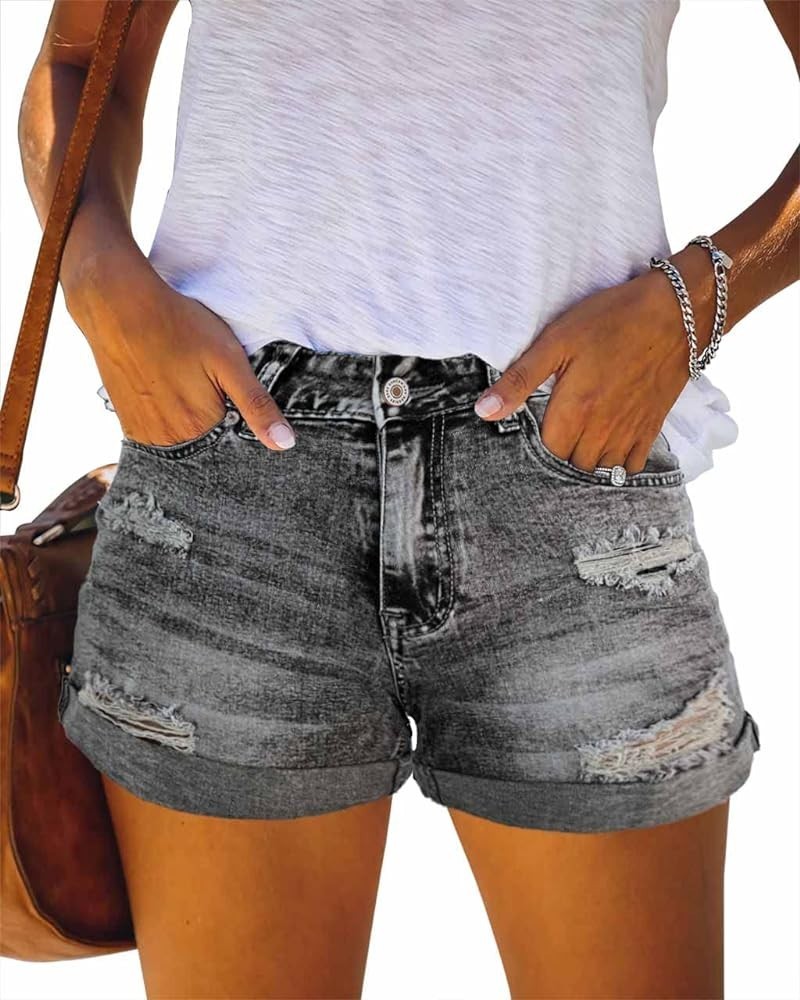 Women's Ripped High Waisted Denim Shorts Stretchy Cuffed Hem Jean Shorts Grey $16.35 Shorts