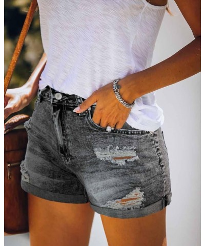 Women's Ripped High Waisted Denim Shorts Stretchy Cuffed Hem Jean Shorts Grey $16.35 Shorts