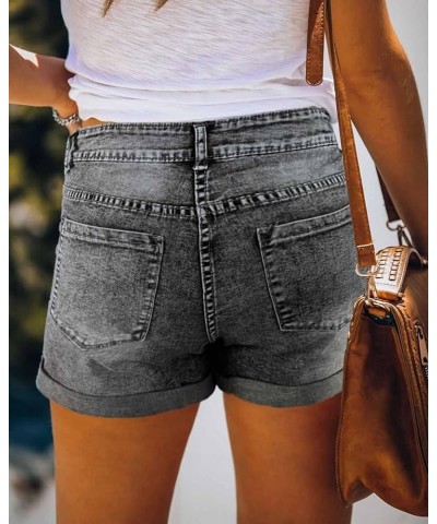 Women's Ripped High Waisted Denim Shorts Stretchy Cuffed Hem Jean Shorts Grey $16.35 Shorts