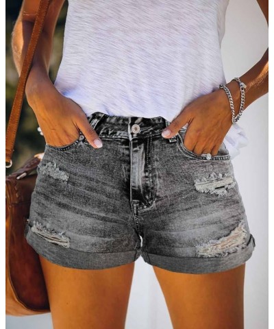 Women's Ripped High Waisted Denim Shorts Stretchy Cuffed Hem Jean Shorts Grey $16.35 Shorts