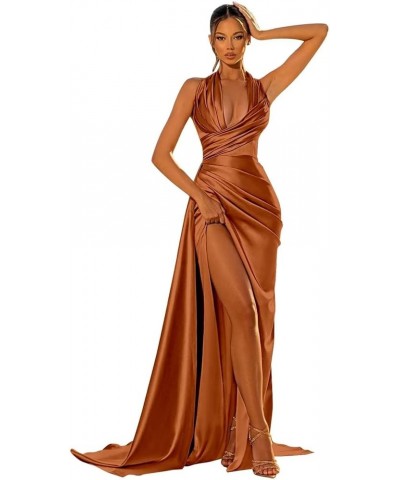 Halter Mermaid Satin Prom Dress 2024 Ruched Bridesmaid Dresses Formal Gowns with Slit Burnt Orange $29.25 Dresses