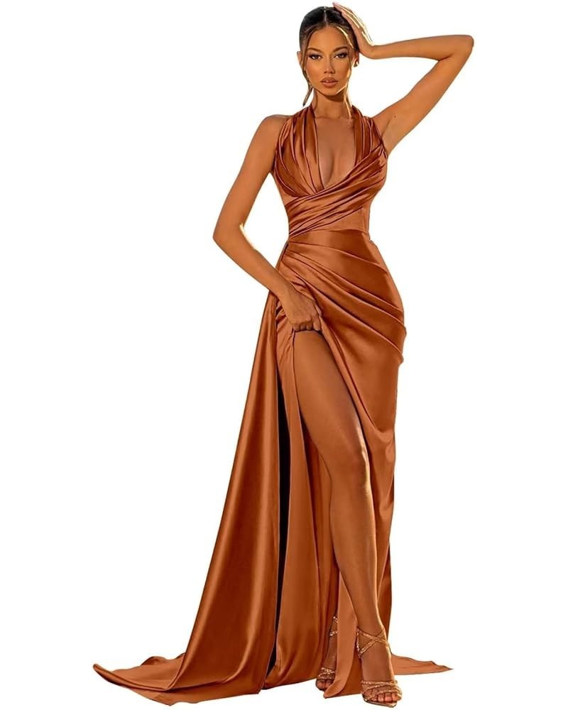 Halter Mermaid Satin Prom Dress 2024 Ruched Bridesmaid Dresses Formal Gowns with Slit Burnt Orange $29.25 Dresses